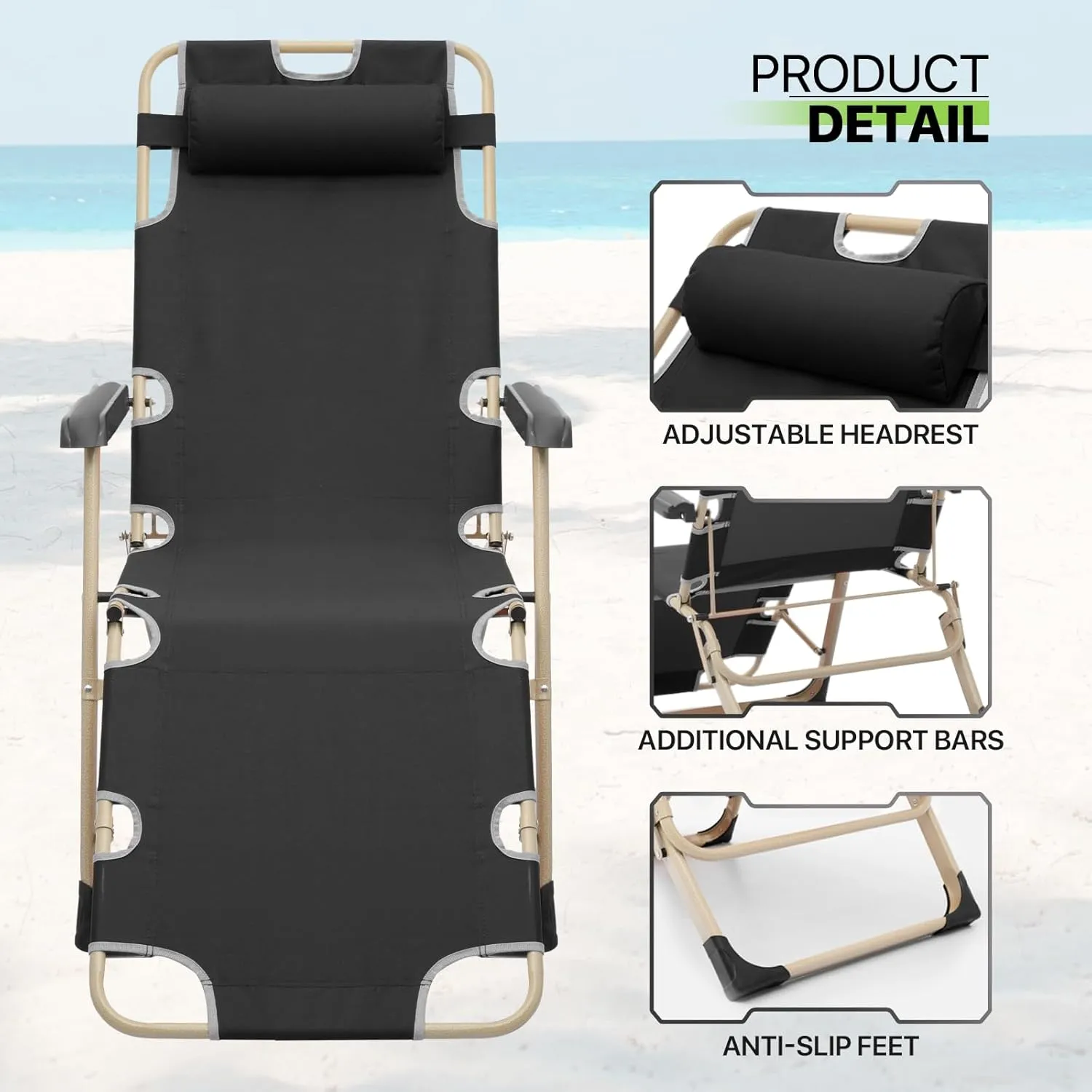Magshion Folding Beach Lounge Chair 2 Pack Lawn Recliner Folding Portable Chaise Lounge Patio Chairs with Adjustable Headrest for Poolside Backyard Beach, 300 lbs (Black)