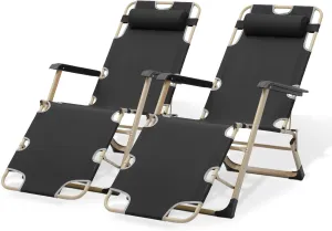 Magshion Folding Beach Lounge Chair 2 Pack Lawn Recliner Folding Portable Chaise Lounge Patio Chairs with Adjustable Headrest for Poolside Backyard Beach, 300 lbs (Black)