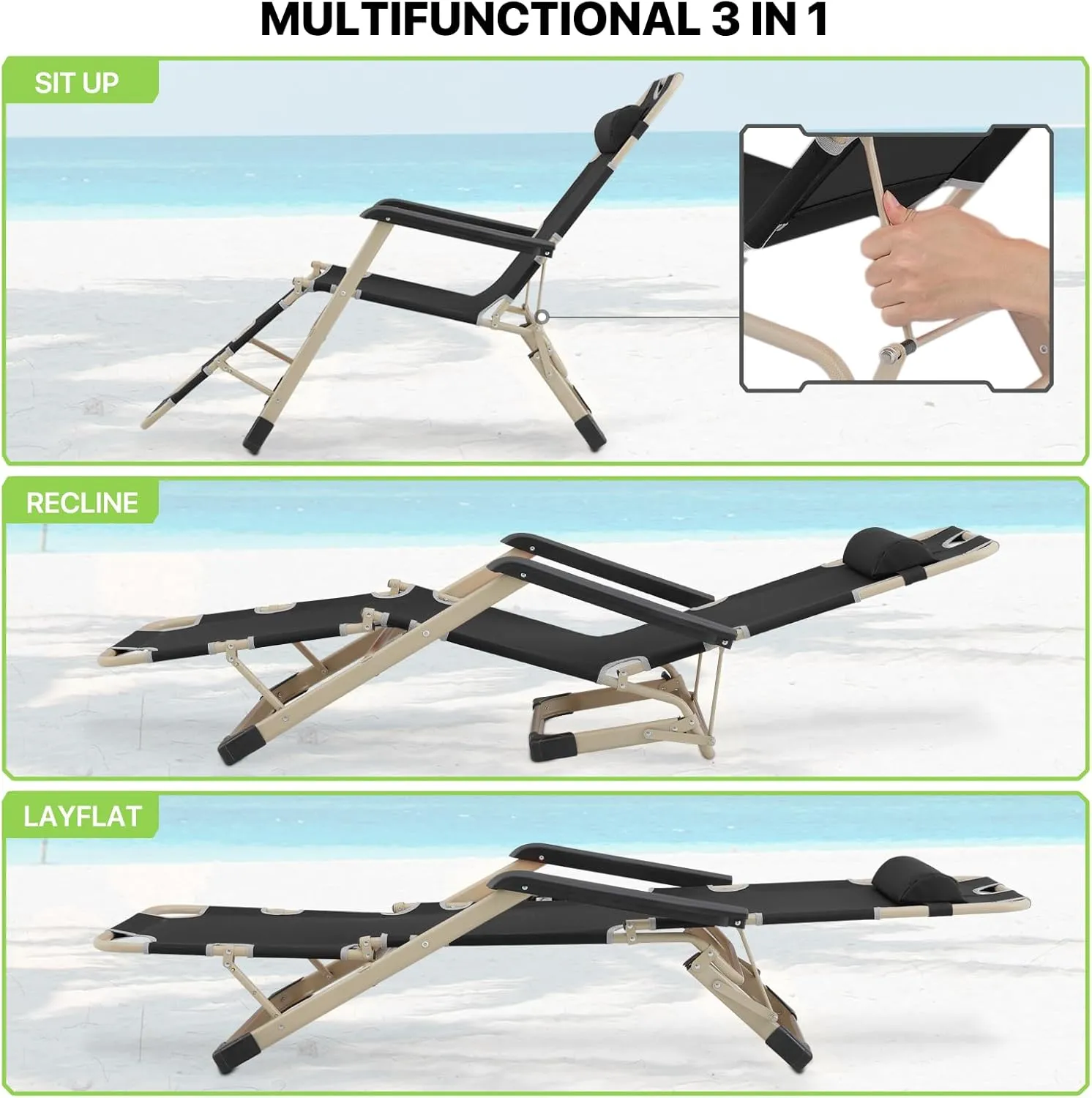Magshion Folding Beach Lounge Chair 2 Pack Lawn Recliner Folding Portable Chaise Lounge Patio Chairs with Adjustable Headrest for Poolside Backyard Beach, 300 lbs (Black)