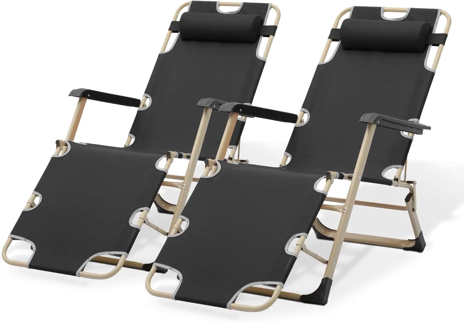 Magshion Folding Beach Lounge Chair 2 Pack Lawn Recliner Folding Portable Chaise Lounge Patio Chairs with Adjustable Headrest for Poolside Backyard Beach, 300 lbs (Black)
