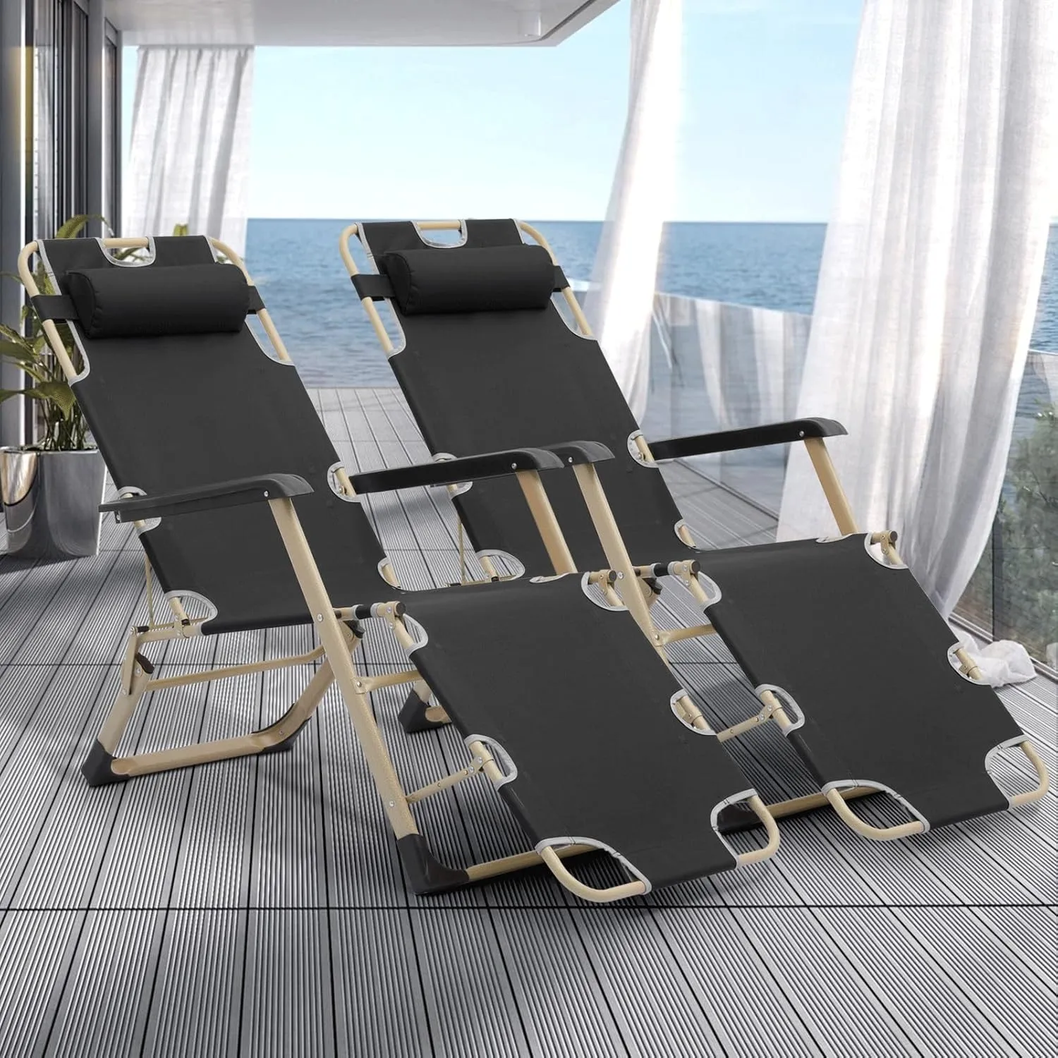 Magshion Folding Beach Lounge Chair 2 Pack Lawn Recliner Folding Portable Chaise Lounge Patio Chairs with Adjustable Headrest for Poolside Backyard Beach, 300 lbs (Black)