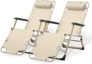 Magshion Patio Outdoor Lounge Chairs 2 Pack Reclining Folding Breathable Backrest Chair Lawn Lounge Chair with Adjustable Headrest for Deck Beach Yard and Beach, 300 lbs (Cream)