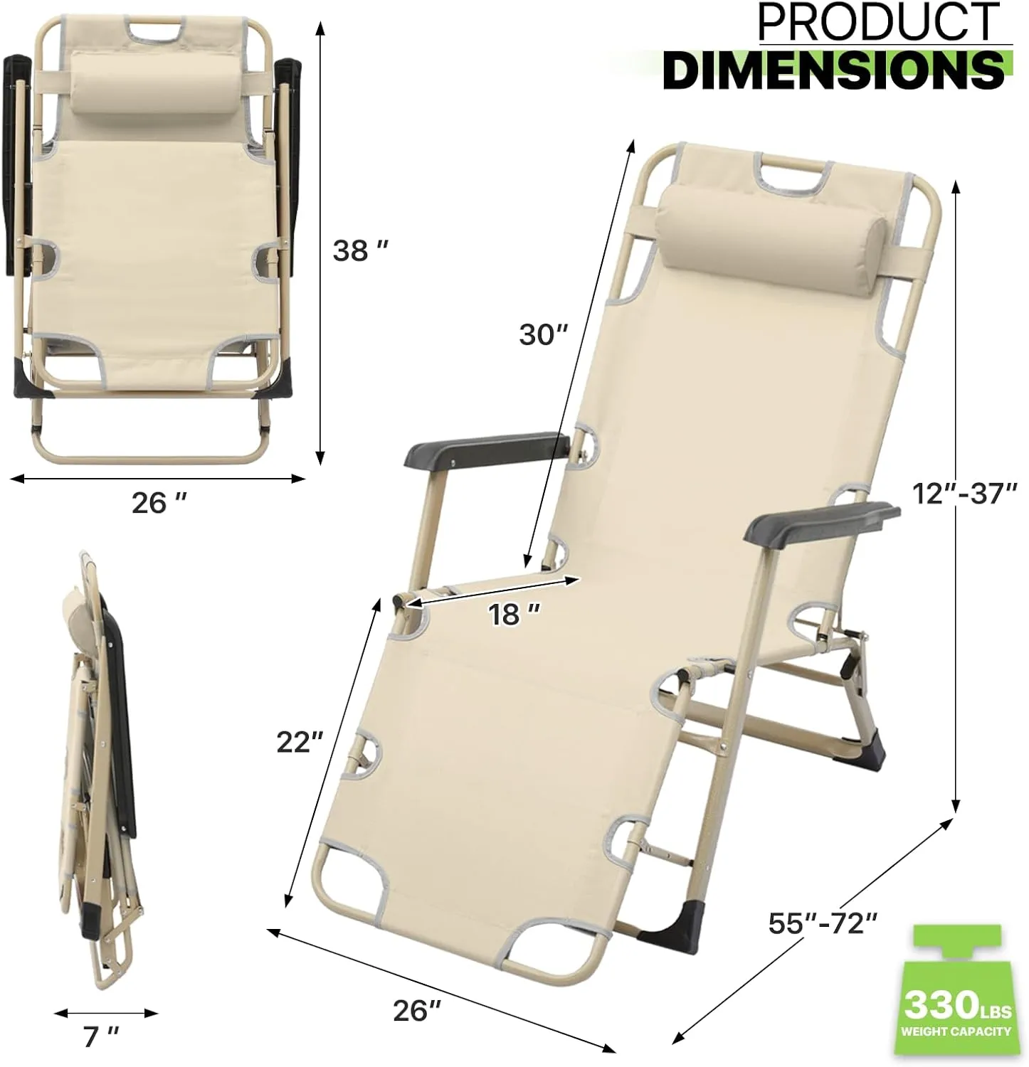 Magshion Patio Outdoor Lounge Chairs 2 Pack Reclining Folding Breathable Backrest Chair Lawn Lounge Chair with Adjustable Headrest for Deck Beach Yard and Beach, 300 lbs (Cream)