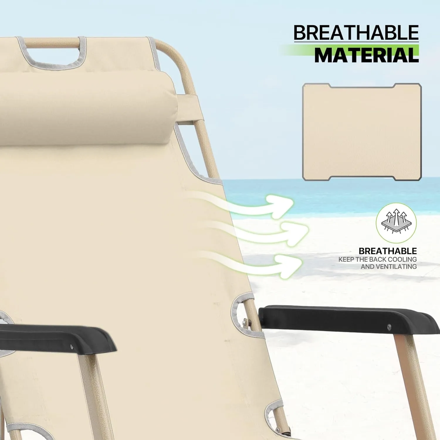 Magshion Patio Outdoor Lounge Chairs 2 Pack Reclining Folding Breathable Backrest Chair Lawn Lounge Chair with Adjustable Headrest for Deck Beach Yard and Beach, 300 lbs (Cream)