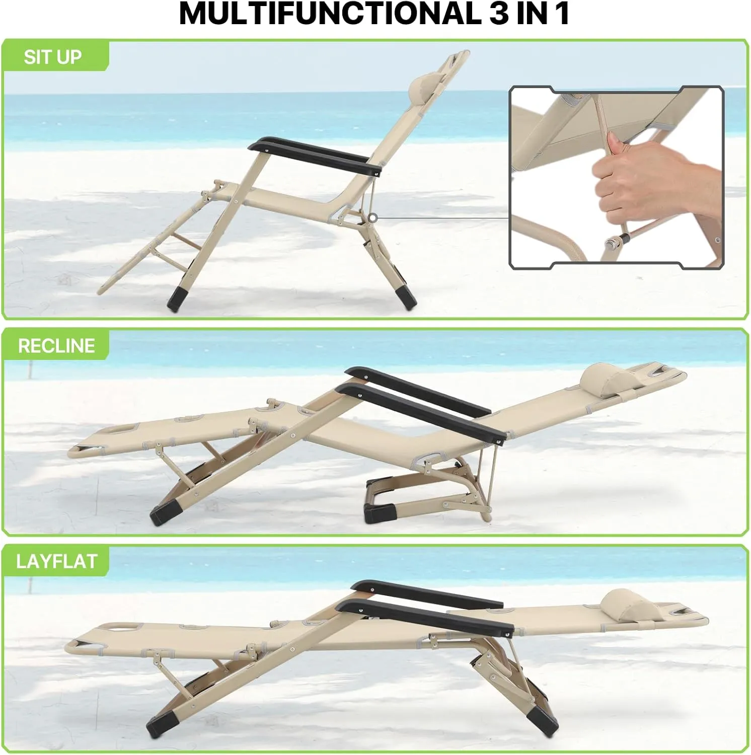 Magshion Patio Outdoor Lounge Chairs 2 Pack Reclining Folding Breathable Backrest Chair Lawn Lounge Chair with Adjustable Headrest for Deck Beach Yard and Beach, 300 lbs (Cream)