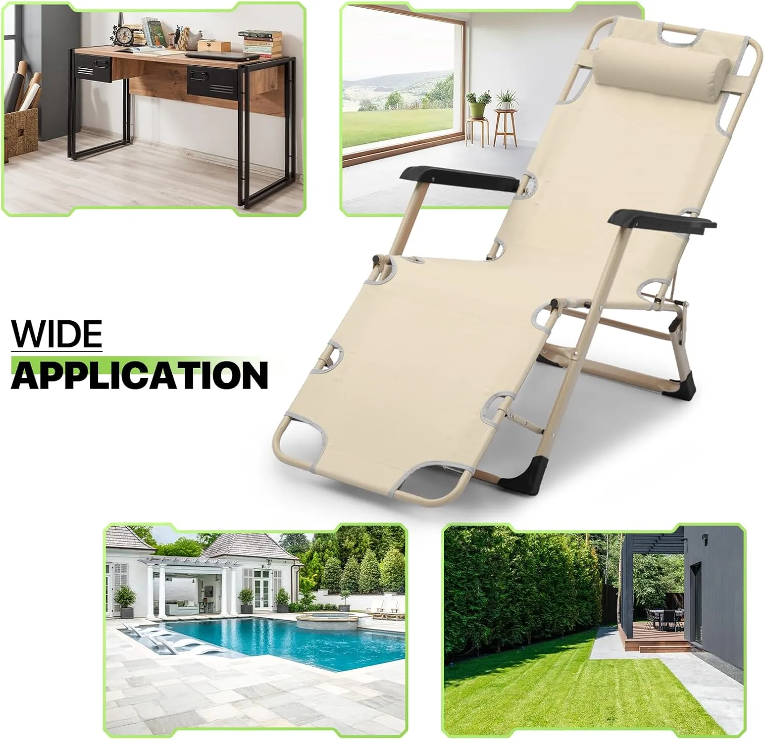 Magshion Patio Outdoor Lounge Chairs 2 Pack Reclining Folding Breathable Backrest Chair Lawn Lounge Chair with Adjustable Headrest for Deck Beach Yard and Beach, 300 lbs (Cream)