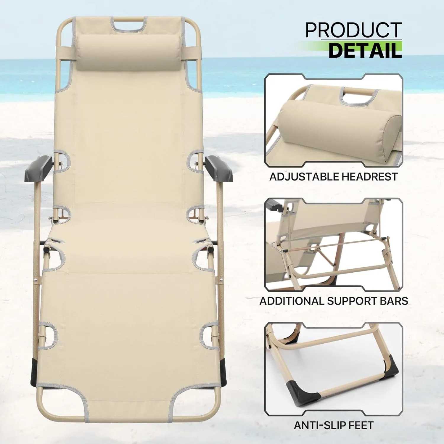 Magshion Patio Outdoor Lounge Chairs 2 Pack Reclining Folding Breathable Backrest Chair Lawn Lounge Chair with Adjustable Headrest for Deck Beach Yard and Beach, 300 lbs (Cream)