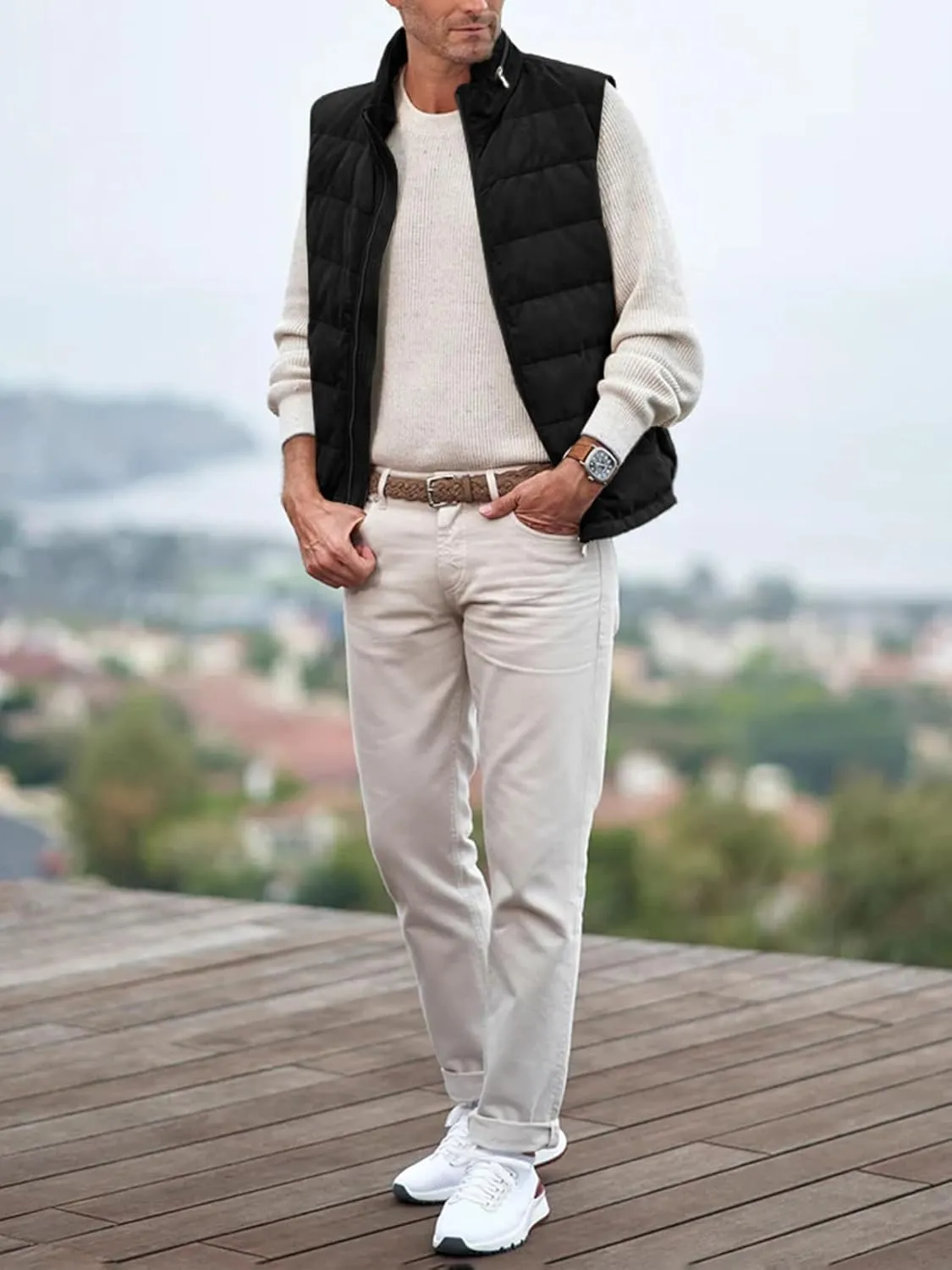 Makkrom Mens Padded Puffer Vest Outdoor Coat Casual Zipper Stand Collar Outwear Thick Waistcoat Sleeveless Jacket
