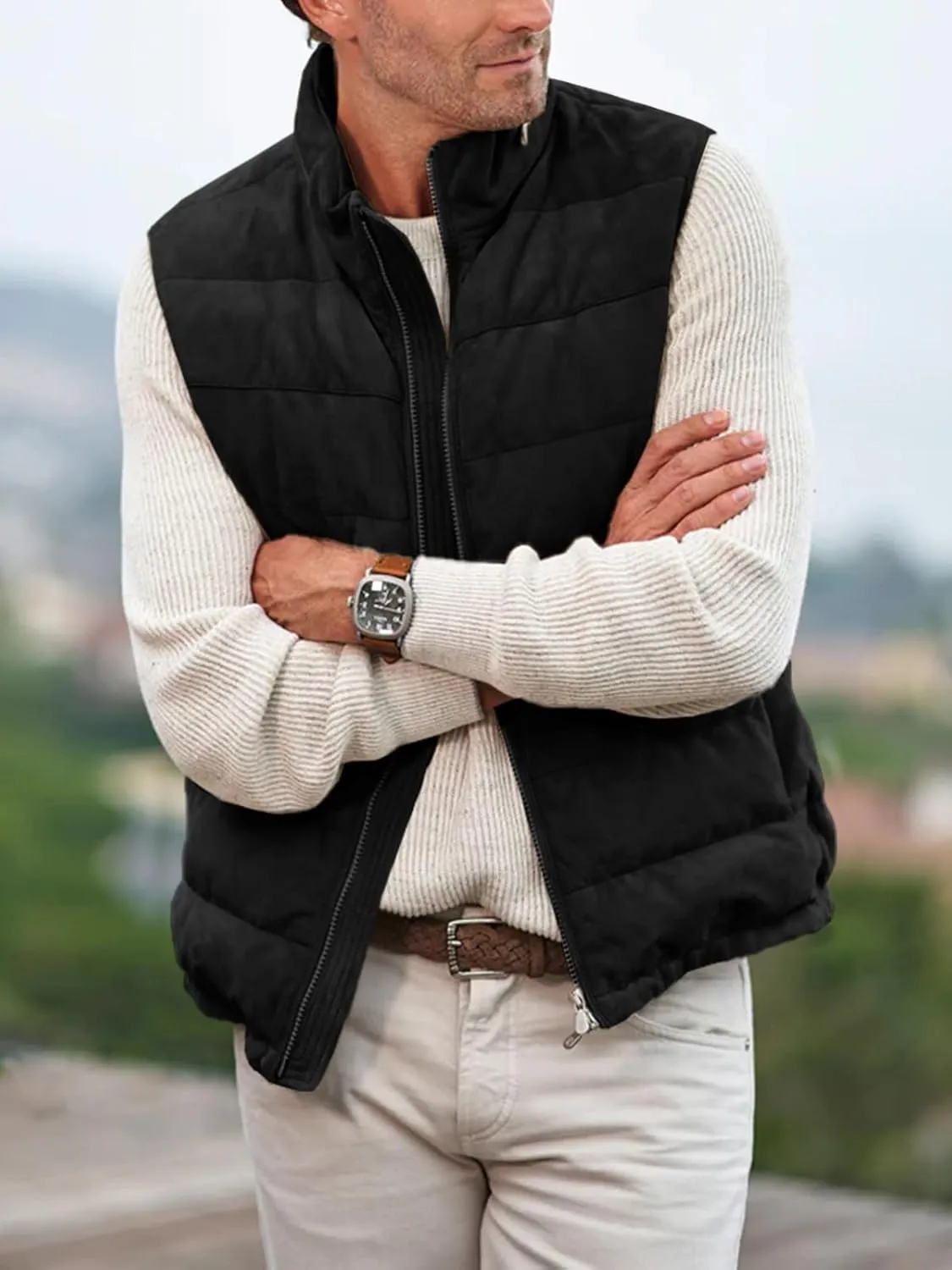 Makkrom Mens Padded Puffer Vest Outdoor Coat Casual Zipper Stand Collar Outwear Thick Waistcoat Sleeveless Jacket
