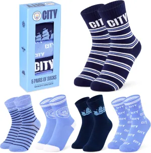 Manchester City FC Boys Socks - Pack of 5 Crew Socks for Teenagers Soft Breathable Size 13-8 Man City Gifts