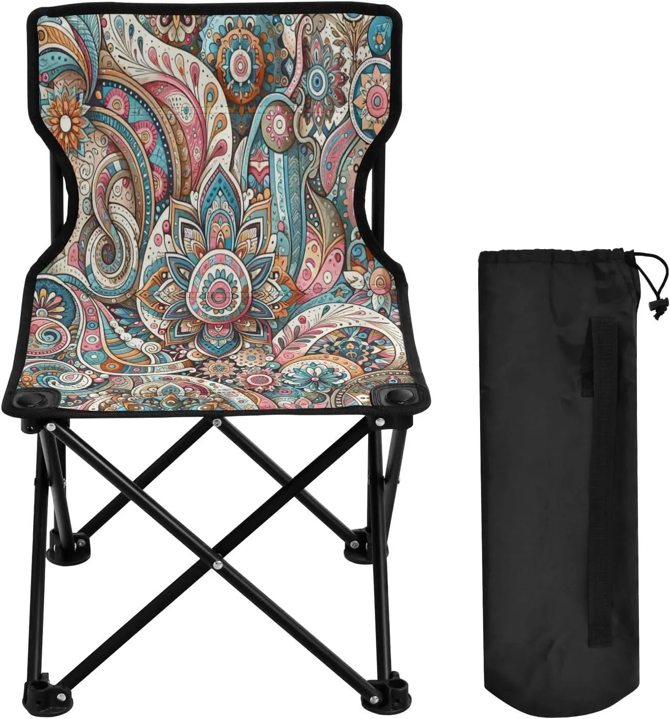 Mandala Flower Texture Portable Outdoor Folding Chair Anti-Slip Padded Oxford Cloth Stool Camping Chair Small for Beach Hiking Fishing Gardening Quad Camp Chair