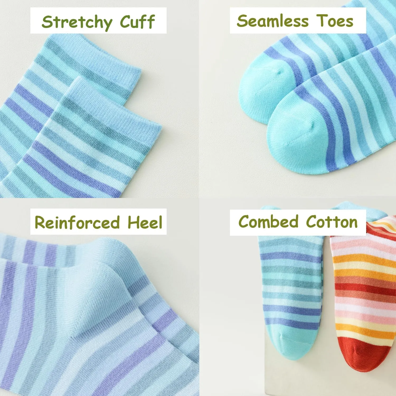 Marchare Girls Seamless Crew Cotton Socks Kids Casual Socks School Socks Rainbow Stripes 5 Pack