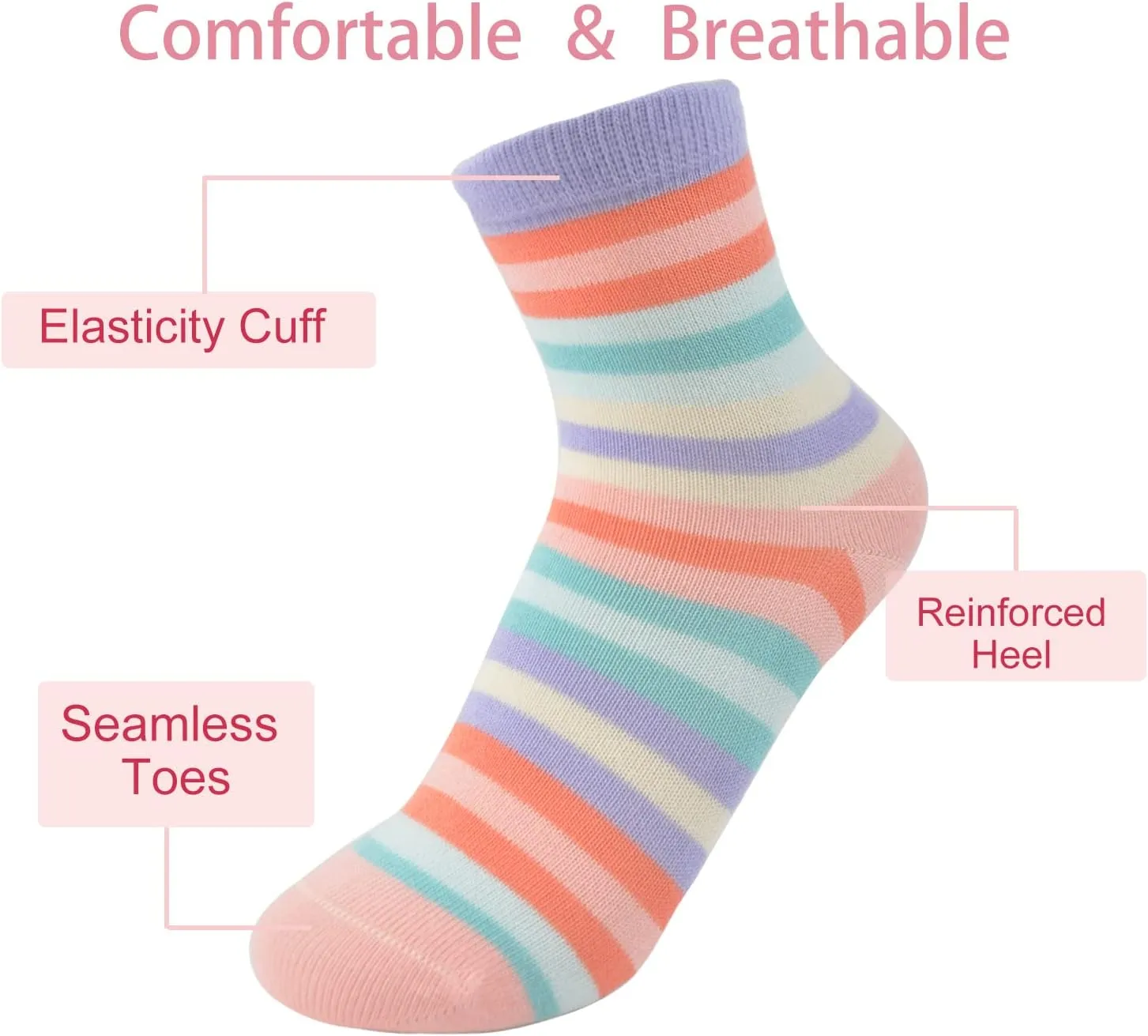 Marchare Girls Seamless Crew Cotton Socks Kids Casual Socks School Socks Rainbow Stripes 5 Pack