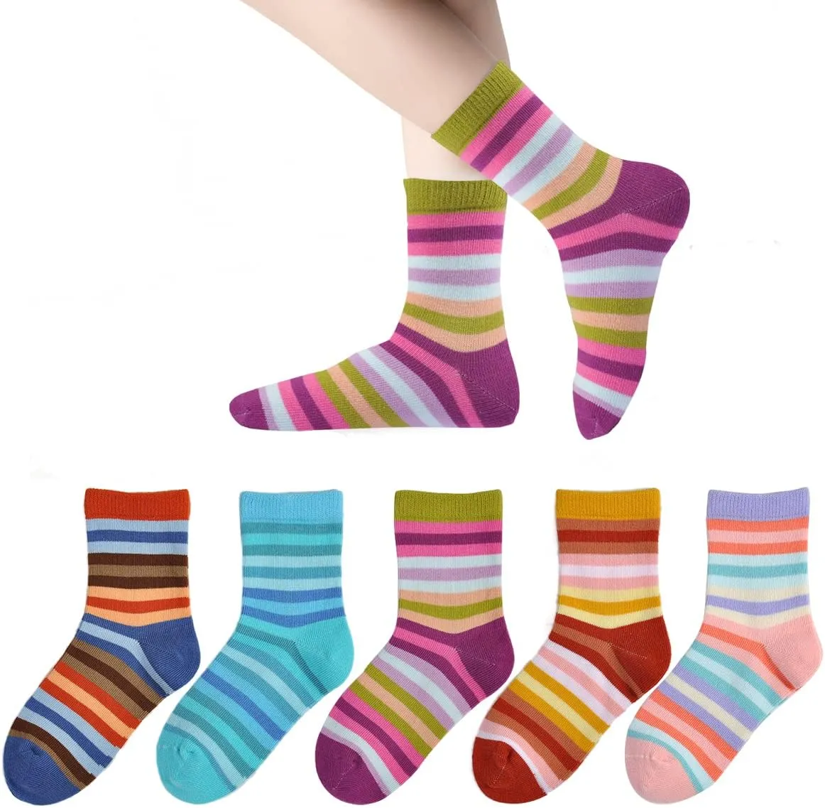 Marchare Girls Seamless Crew Cotton Socks Kids Casual Socks School Socks Rainbow Stripes 5 Pack