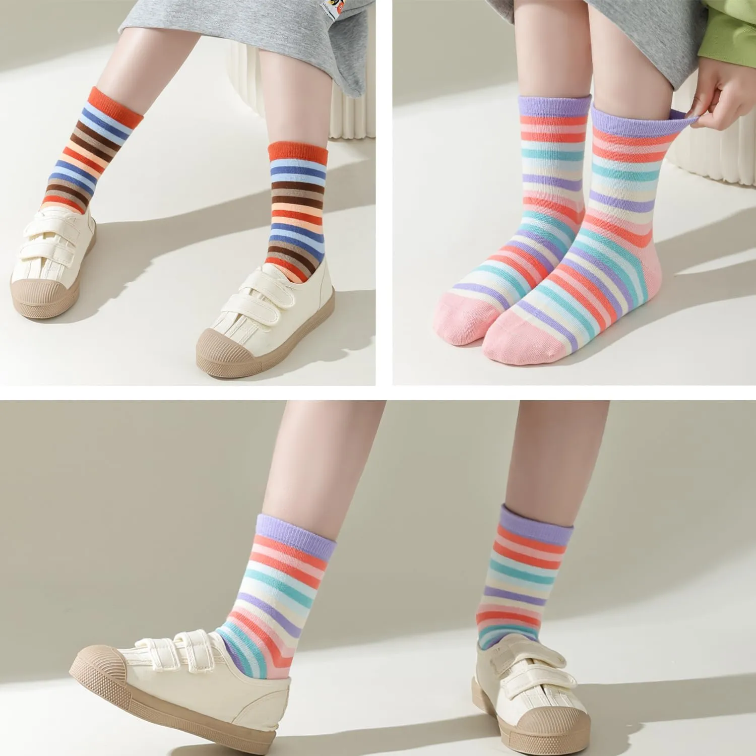 Marchare Girls Seamless Crew Cotton Socks Kids Casual Socks School Socks Rainbow Stripes 5 Pack