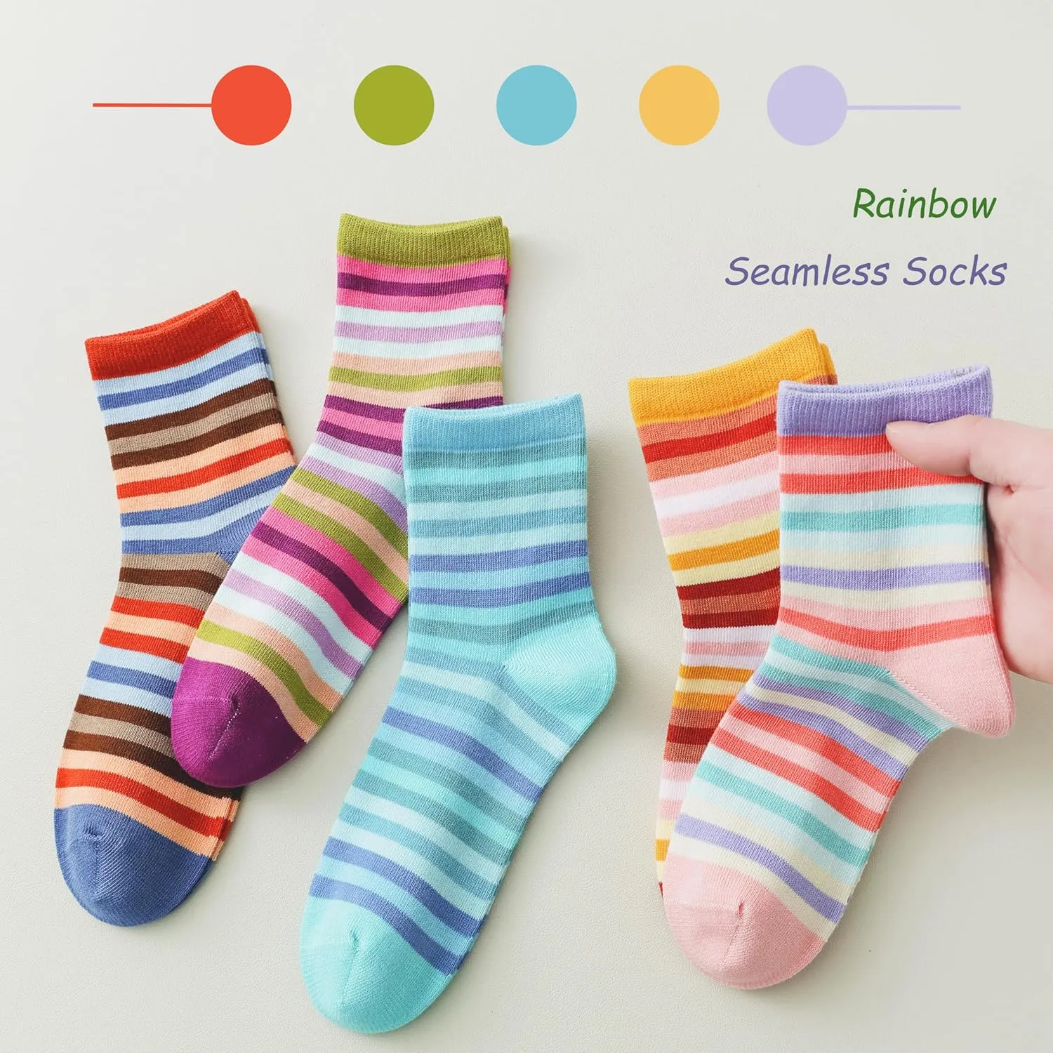 Marchare Girls Seamless Crew Cotton Socks Kids Casual Socks School Socks Rainbow Stripes 5 Pack