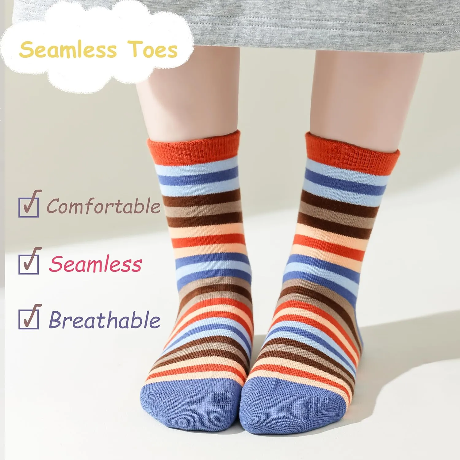 Marchare Girls Seamless Crew Cotton Socks Kids Casual Socks School Socks Rainbow Stripes 5 Pack