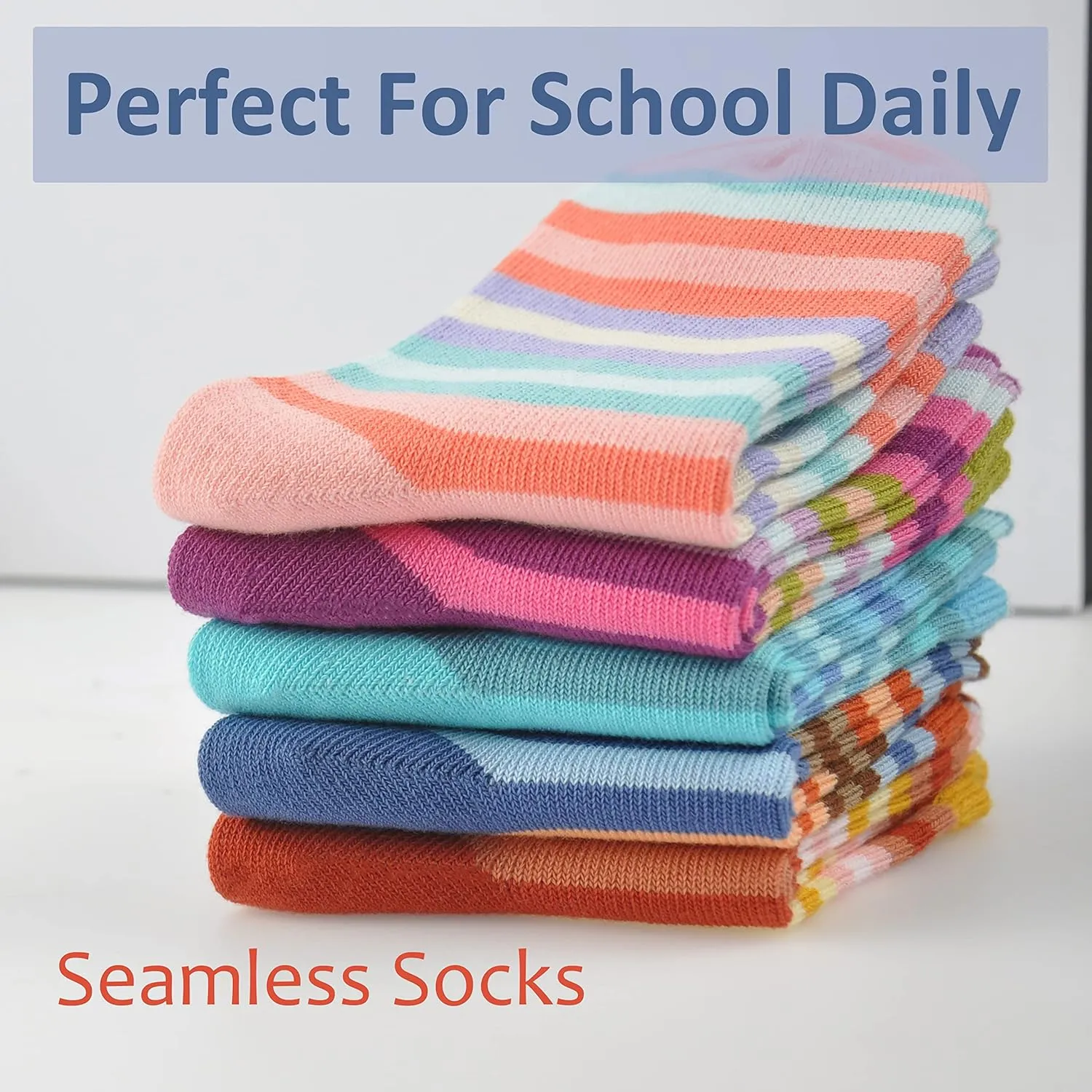 Marchare Girls Seamless Crew Cotton Socks Kids Casual Socks School Socks Rainbow Stripes 5 Pack