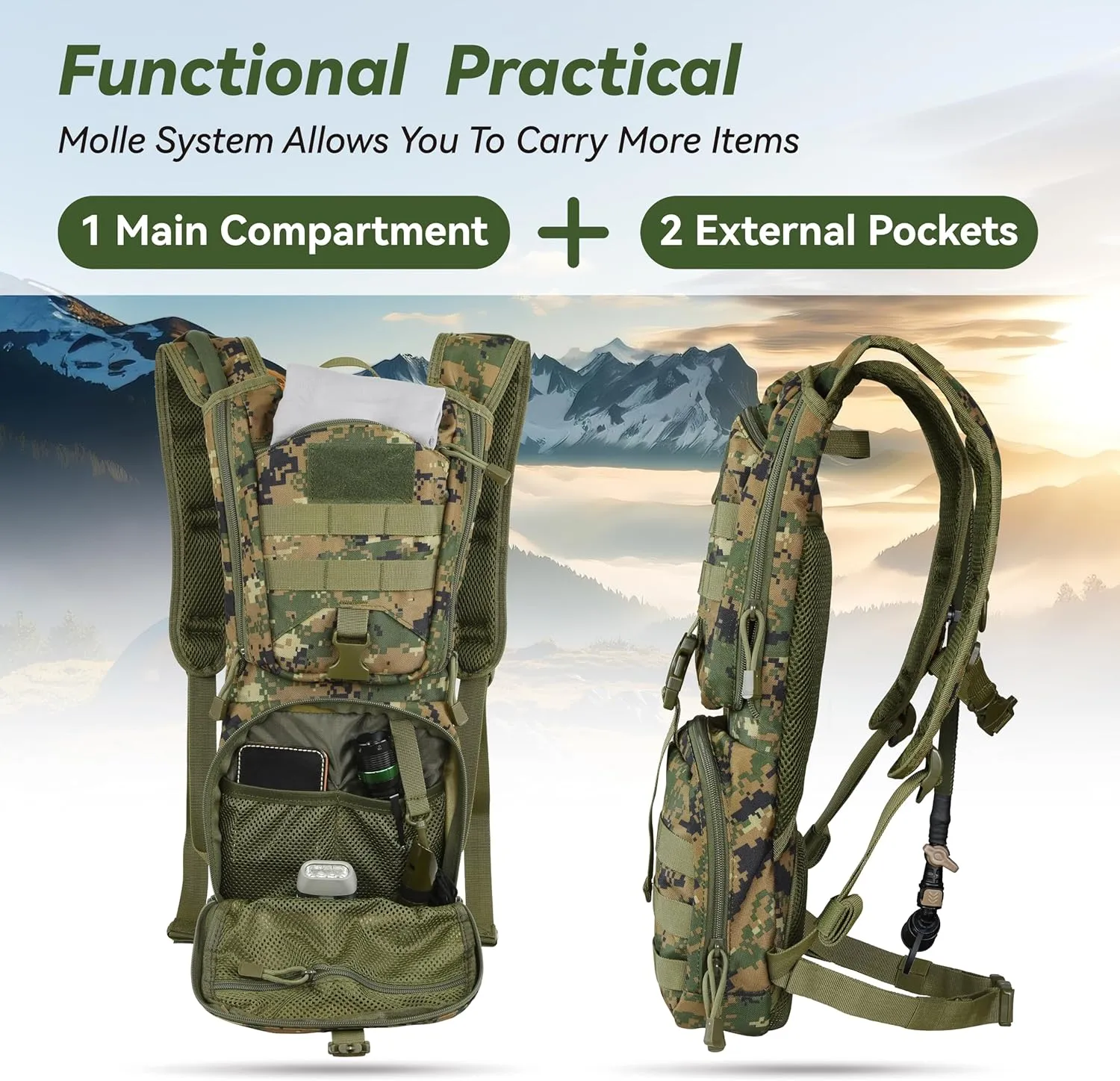 MARCHWAY Tactical Molle Hydration Pack Backpack with 3L TPU Water Bladder, Military Daypack for Cycling, Hiking, Running, Climbing, Hunting, Biking