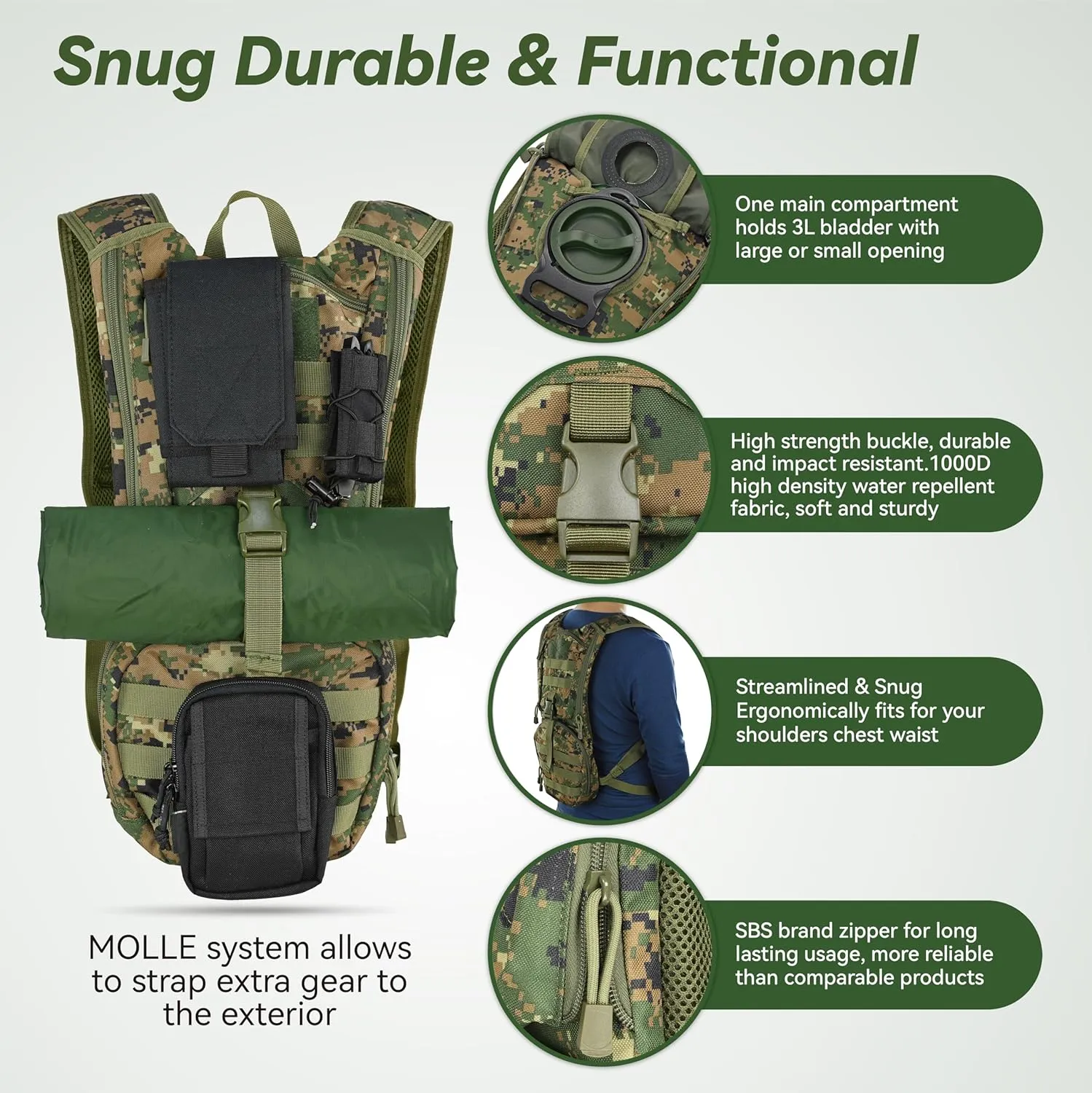 MARCHWAY Tactical Molle Hydration Pack Backpack with 3L TPU Water Bladder, Military Daypack for Cycling, Hiking, Running, Climbing, Hunting, Biking