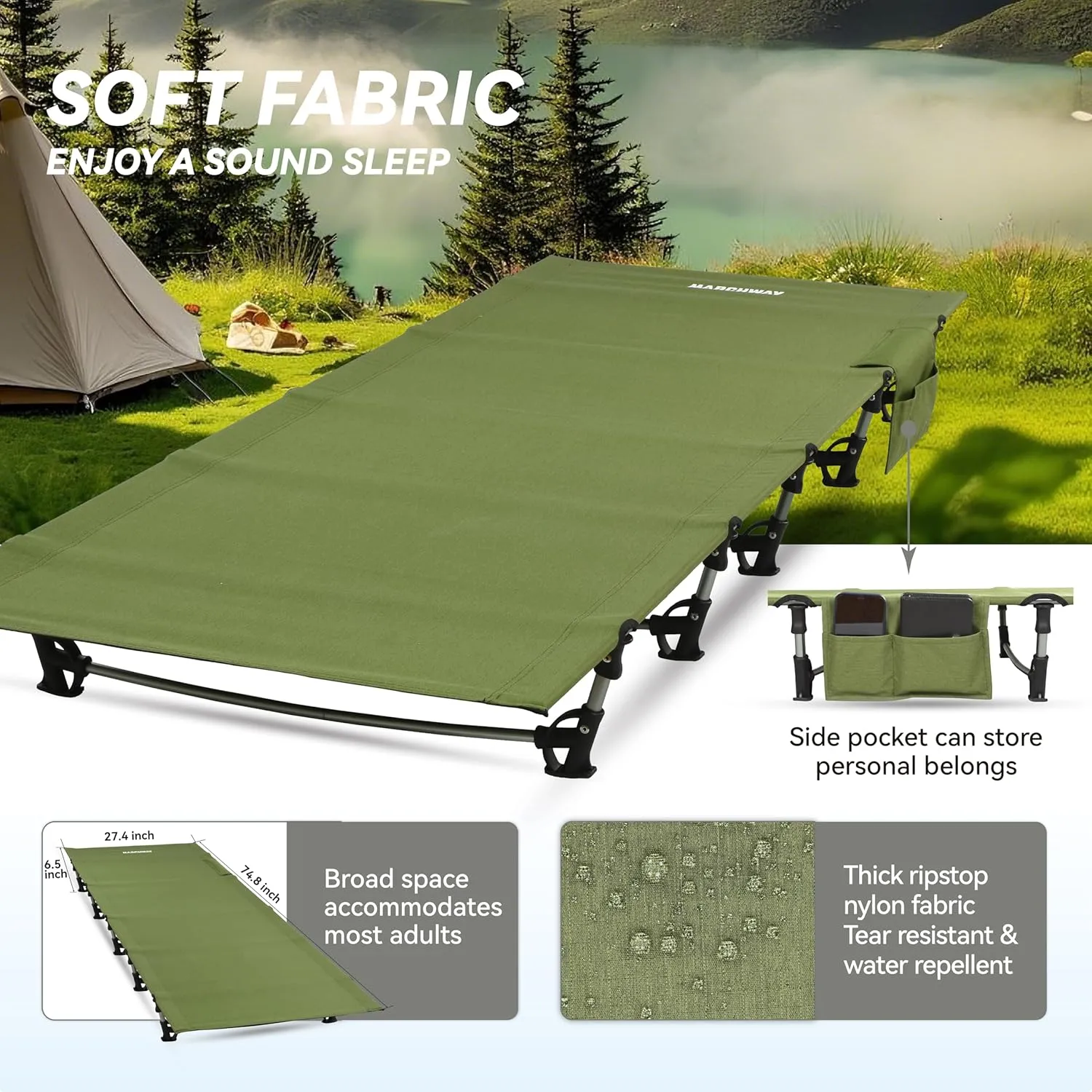 MARCHWAY Ultralight Folding Tent Camping Cot Bed, Portable Compact for Outdoor Travel, Base Camp, Hiking, Mountaineering, Lightweight Backpacking (Army Green)