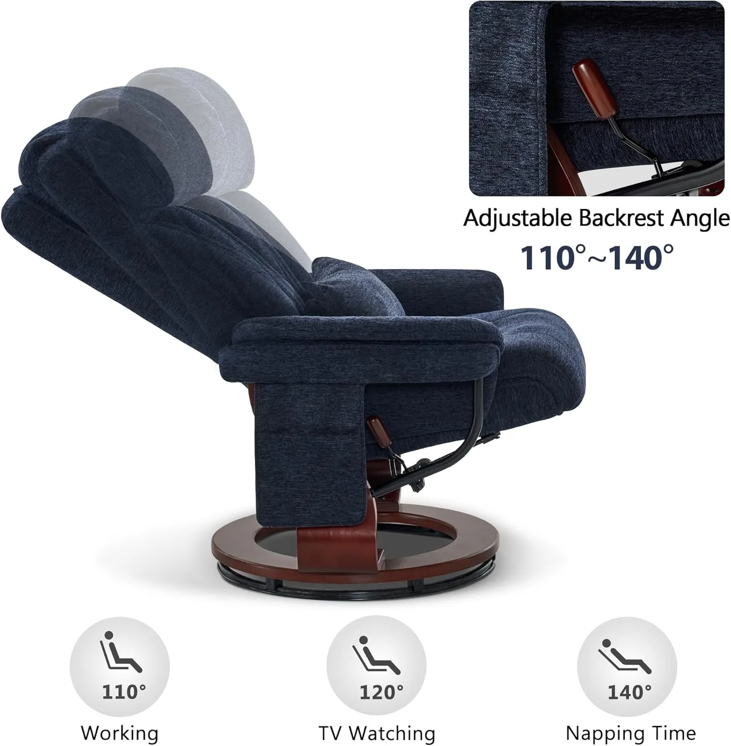 MCombo Swivel Recliner with Ottoman, Chenille Fabric TV Chair with Vibration Massage, Ideal for Small Space, Living Room & Bedroom (Textile, Blue)