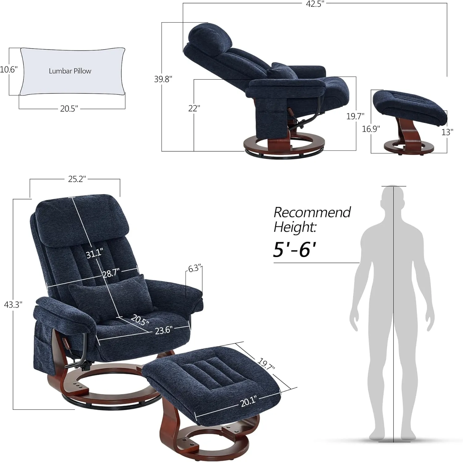 MCombo Swivel Recliner with Ottoman, Chenille Fabric TV Chair with Vibration Massage, Ideal for Small Space, Living Room & Bedroom (Textile, Blue)