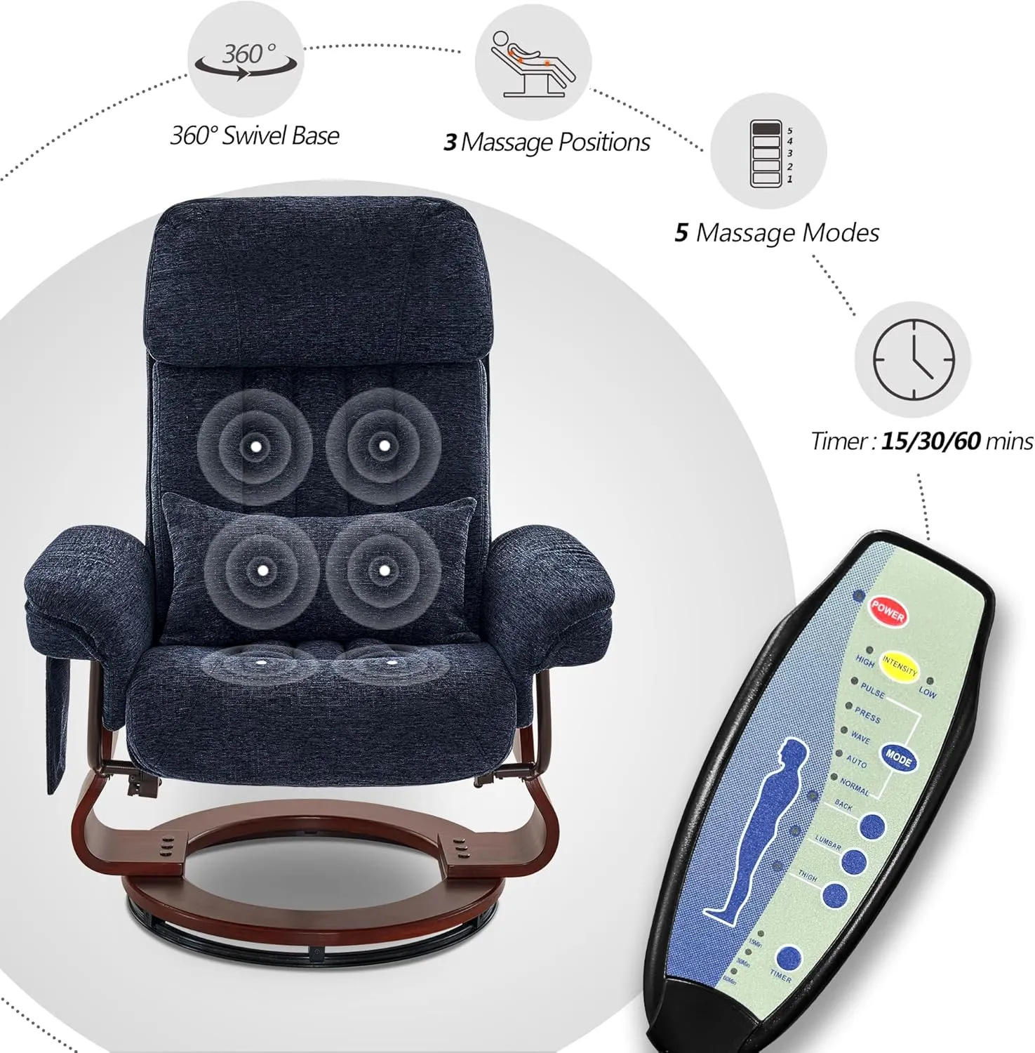 MCombo Swivel Recliner with Ottoman, Chenille Fabric TV Chair with Vibration Massage, Ideal for Small Space, Living Room & Bedroom (Textile, Blue)