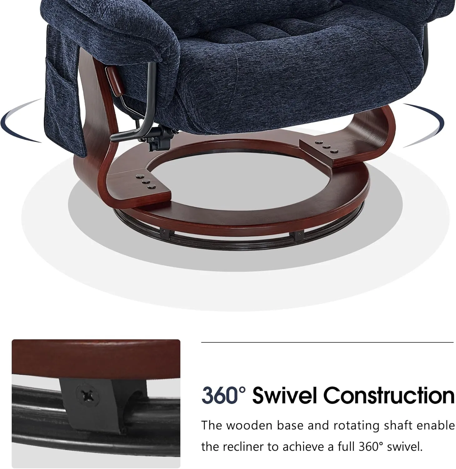MCombo Swivel Recliner with Ottoman, Chenille Fabric TV Chair with Vibration Massage, Ideal for Small Space, Living Room & Bedroom (Textile, Blue)