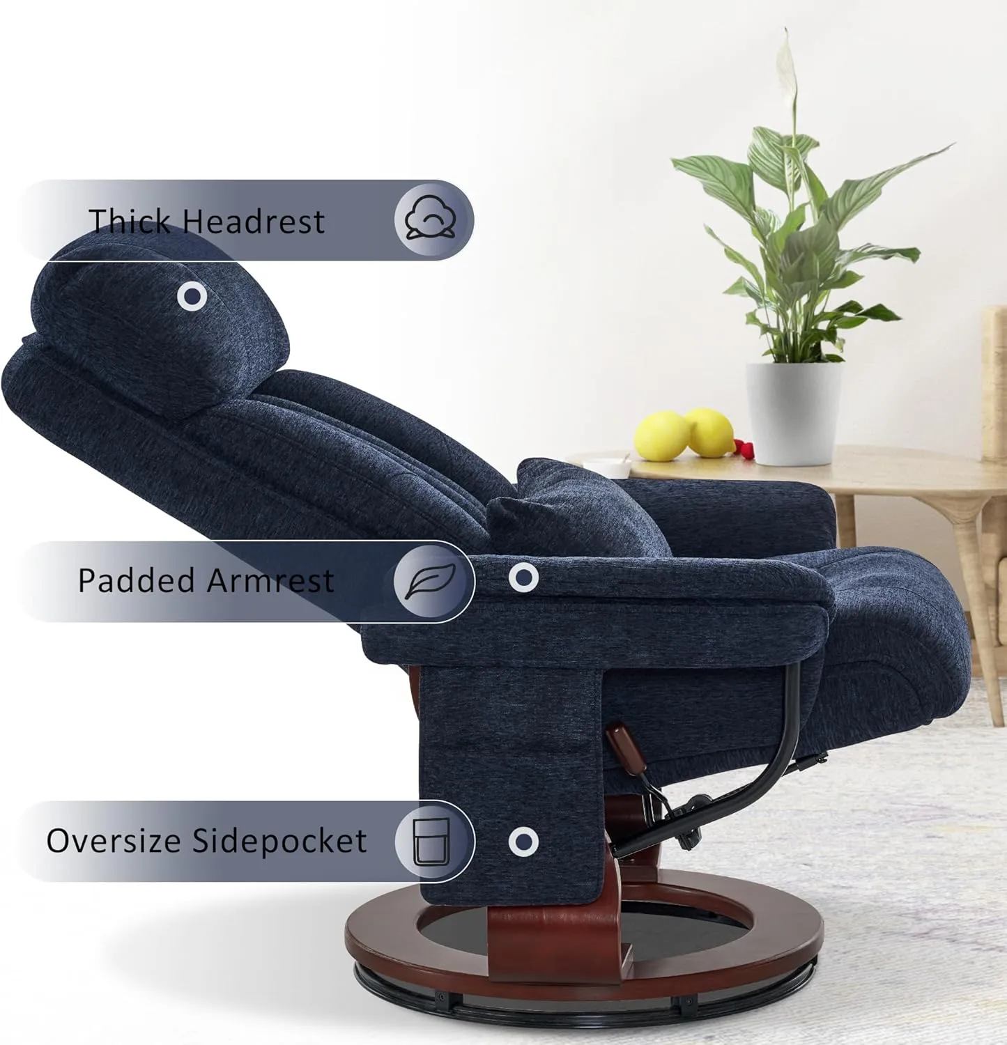 MCombo Swivel Recliner with Ottoman, Chenille Fabric TV Chair with Vibration Massage, Ideal for Small Space, Living Room & Bedroom (Textile, Blue)