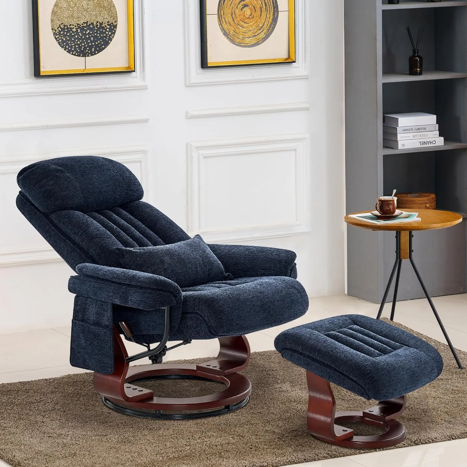 MCombo Swivel Recliner with Ottoman, Chenille Fabric TV Chair with Vibration Massage, Ideal for Small Space, Living Room & Bedroom (Textile, Blue)