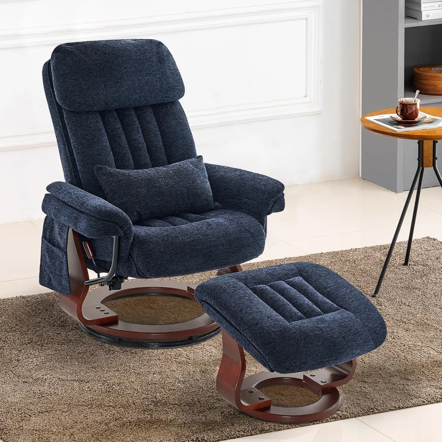 MCombo Swivel Recliner with Ottoman, Chenille Fabric TV Chair with Vibration Massage, Ideal for Small Space, Living Room & Bedroom (Textile, Blue)