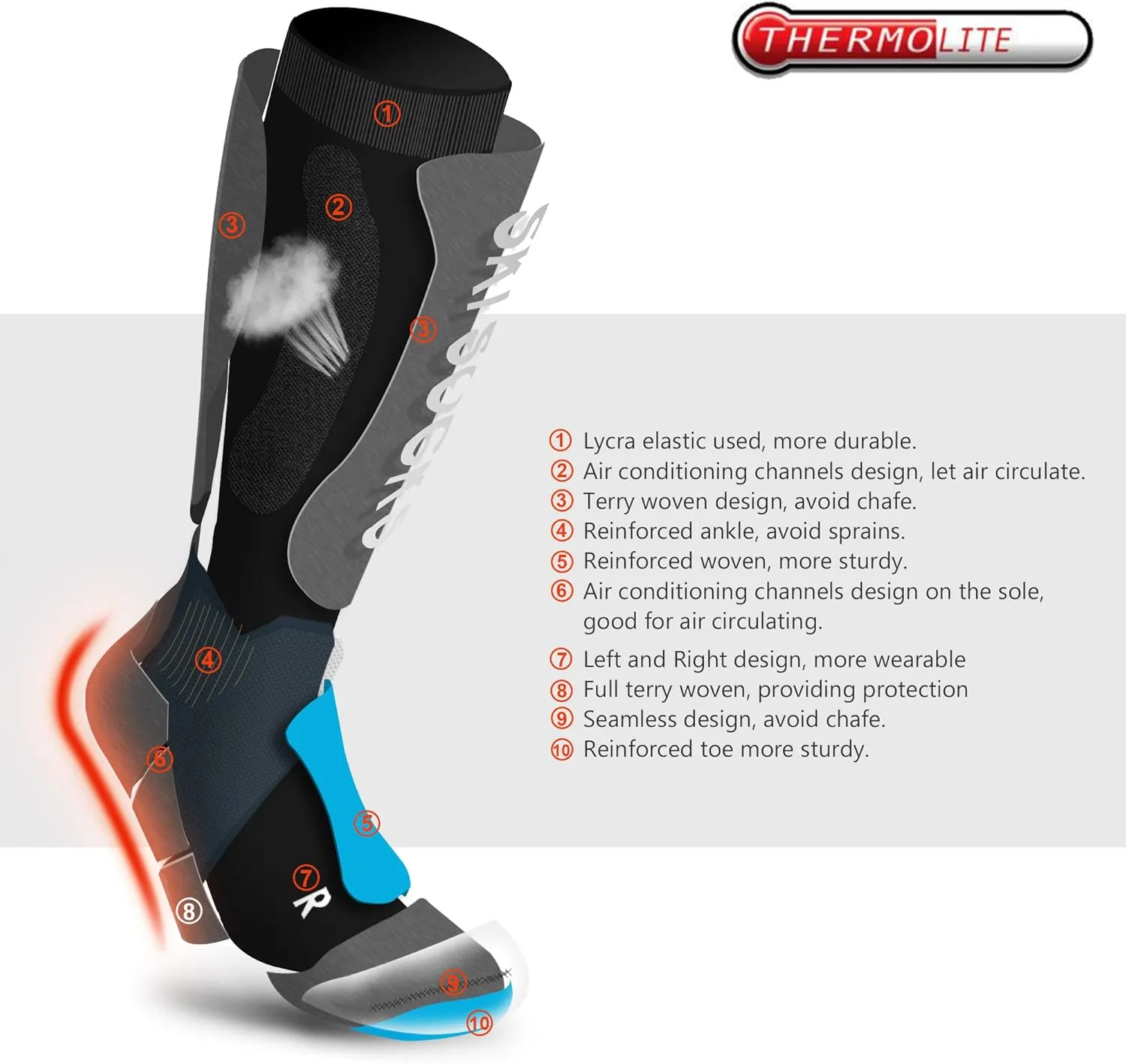 MCTi Ski Socks Thermolite Winter Thermal Snow Snowboard Hiking Over the Calf Long Socks 2 Pairs