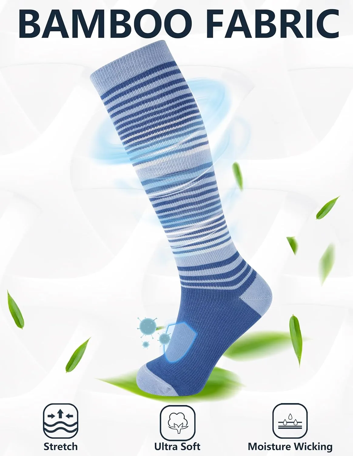  MD Compression Socks for Women Men, Bamboo Viscose,3 Pairs 8-15mmHg Knee High Support Socks for Pregnant Nurses Travel