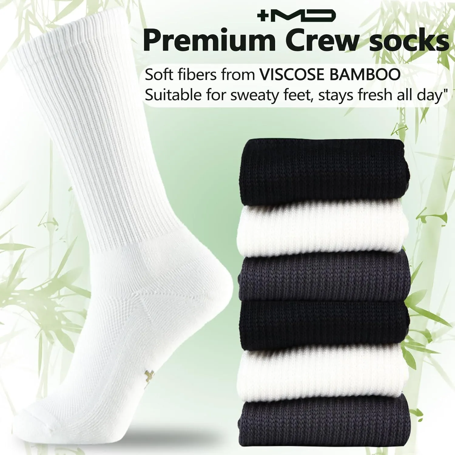  MD Crew Socks for Men 6 Pairs, Viscose Bamboo Socks, Mens Dress Socks with Soft Cushioned, Smell Control, Black White