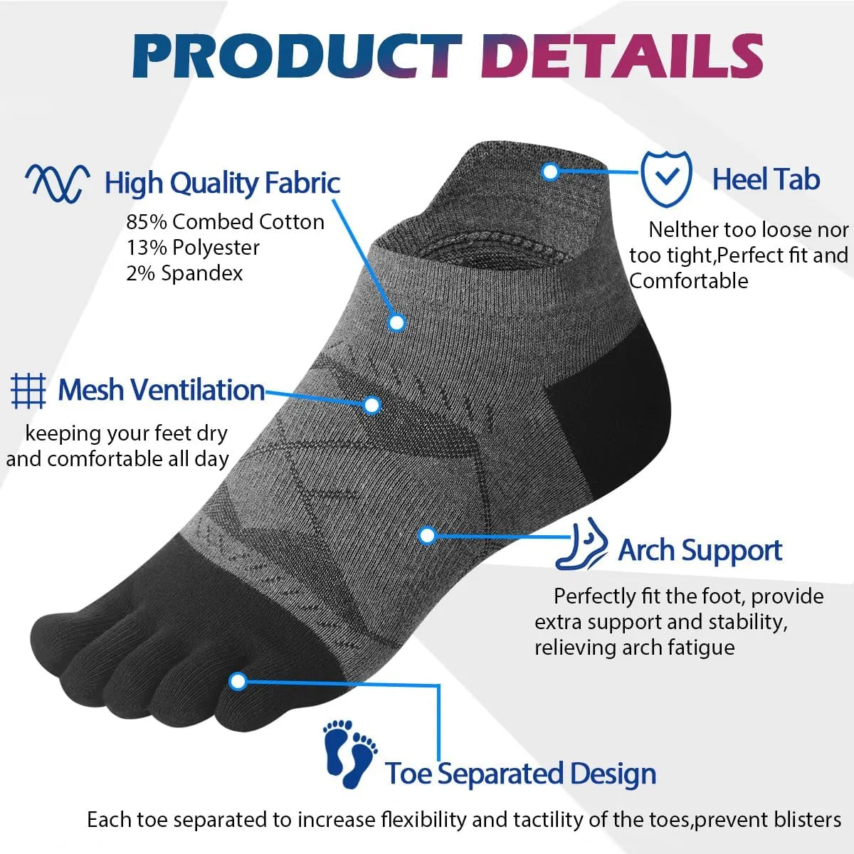 Meaiguo Toe Socks for Men Women-Breathable Low Cut Five Finger Socks For Running with Arch Support 4 Pairs