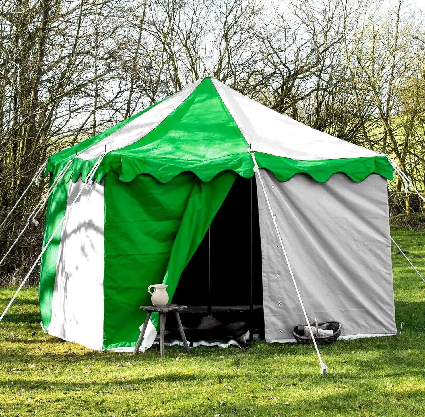 Medieval Square Harold Square 3x3 Meter Green & Natural White Water Proof Camping Tent for Events Reenactment & Hiking