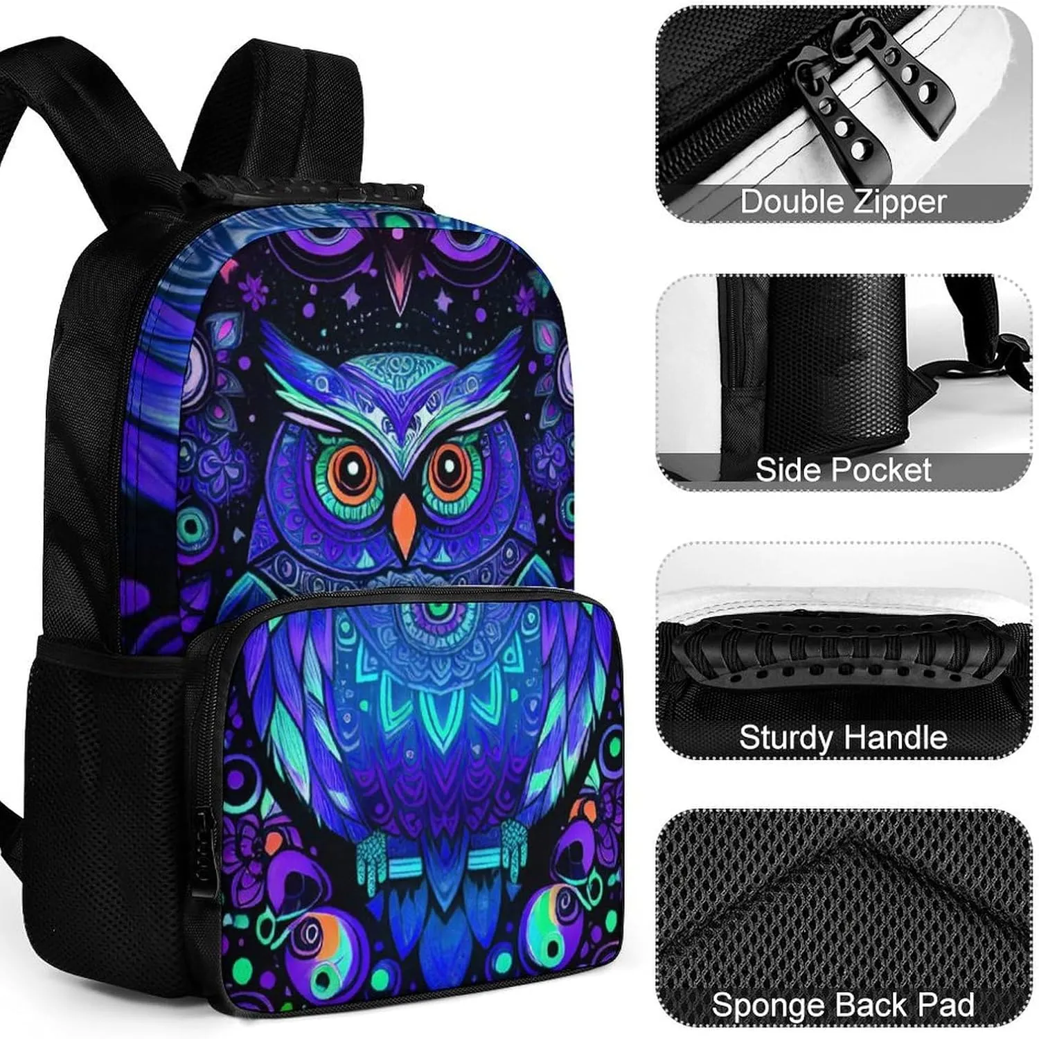 Men Women Lightweight Cute Abstract Owl Psychedelic Art Backpack Large Capacity Carry On Bag With Padded Straps for Sports Work Walking Cycling