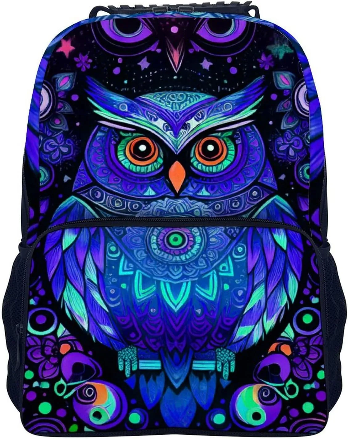 Men Women Lightweight Cute Abstract Owl Psychedelic Art Backpack Large Capacity Carry On Bag With Padded Straps for Sports Work Walking Cycling