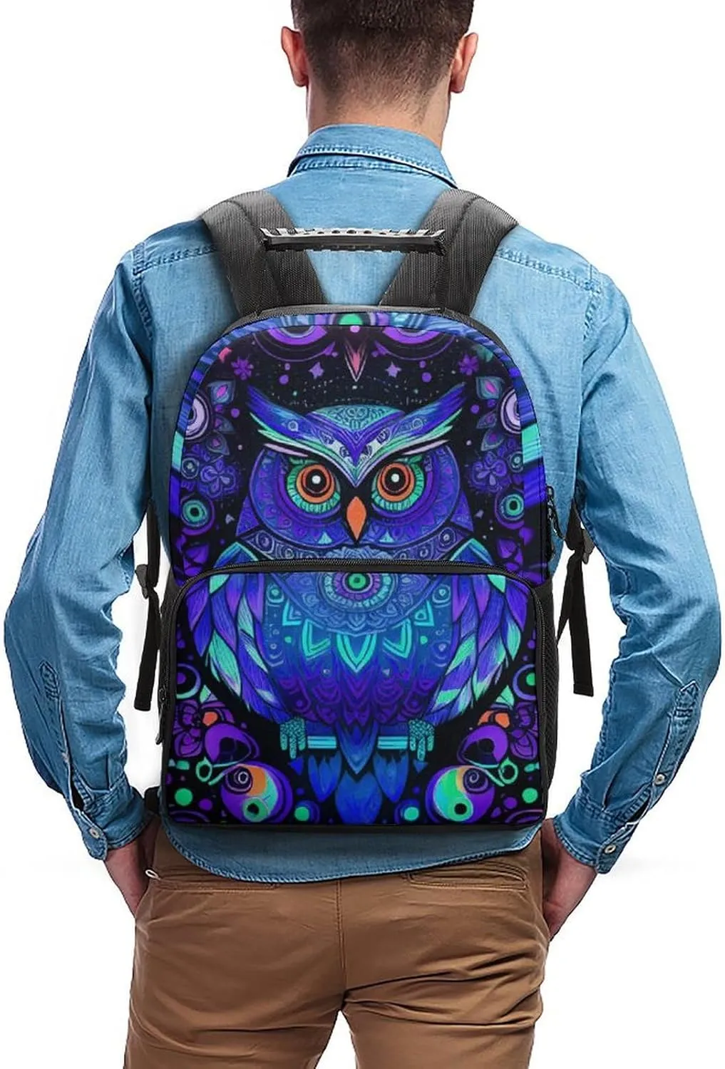 Men Women Lightweight Cute Abstract Owl Psychedelic Art Backpack Large Capacity Carry On Bag With Padded Straps for Sports Work Walking Cycling