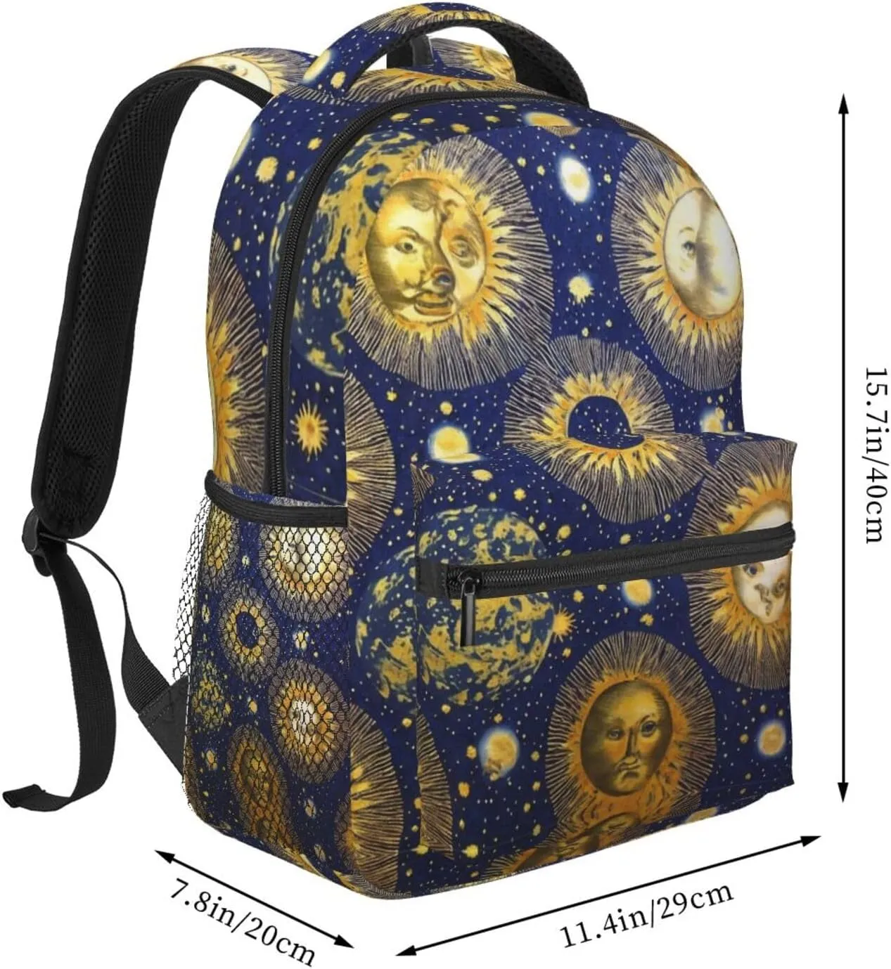 Men Women Polyester Gold Sun And Moon Art Daypack Bookbag Big Capacity Shoulder Bag With Padded Straps for Climbing Travel Walking Cycling