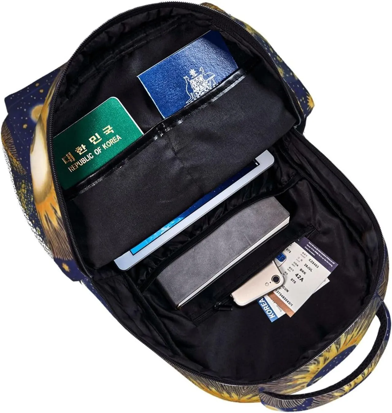 Men Women Polyester Gold Sun And Moon Art Daypack Bookbag Big Capacity Shoulder Bag With Padded Straps for Climbing Travel Walking Cycling