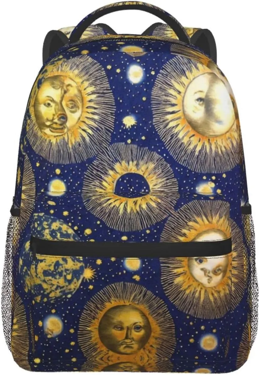 Men Women Polyester Gold Sun And Moon Art Daypack Bookbag Big Capacity Shoulder Bag With Padded Straps for Climbing Travel Walking Cycling