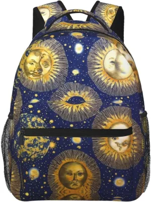 Men Women Polyester Gold Sun And Moon Art Daypack Bookbag Big Capacity Shoulder Bag With Padded Straps for Climbing Travel Walking Cycling