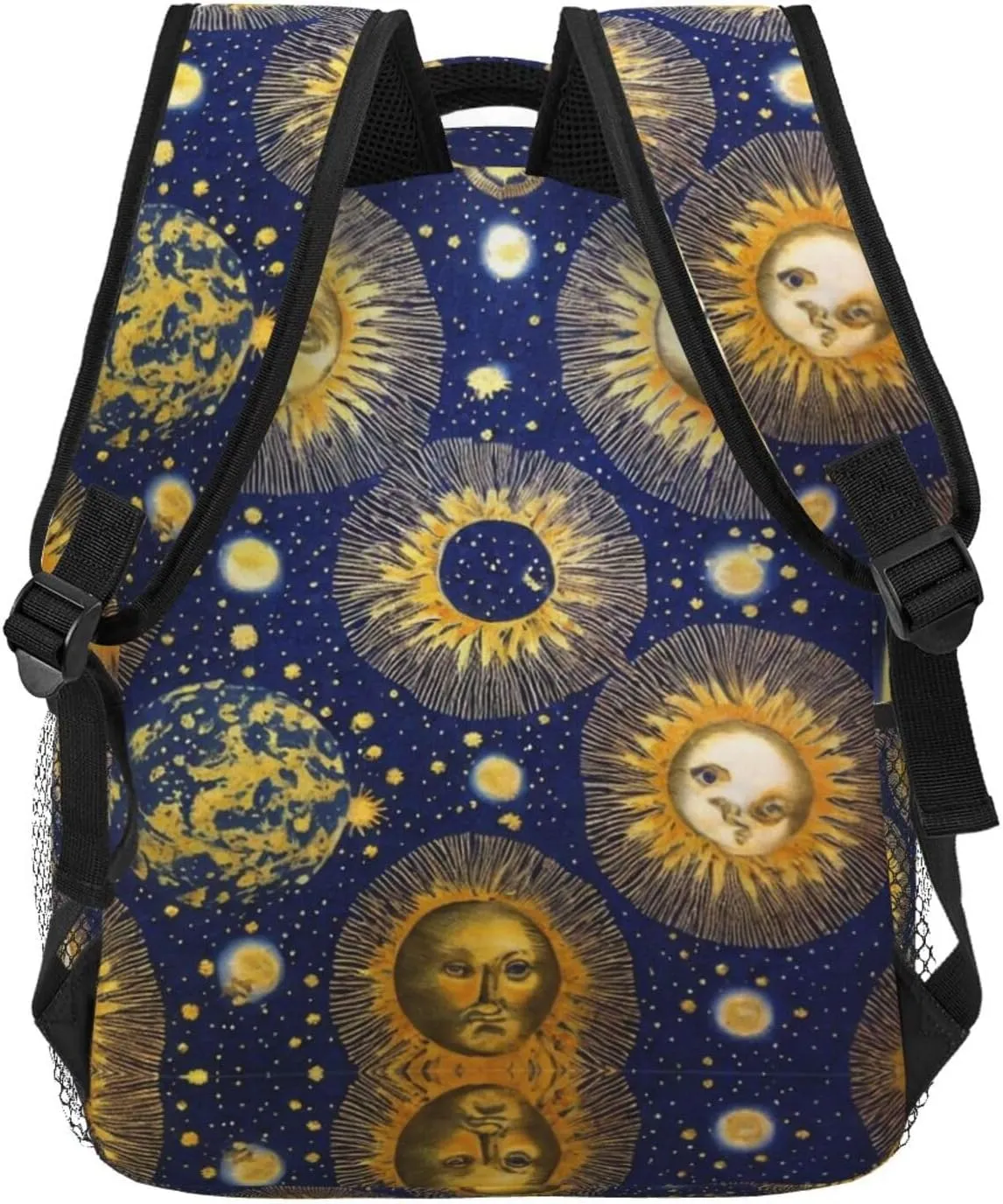 Men Women Polyester Gold Sun And Moon Art Daypack Bookbag Big Capacity Shoulder Bag With Padded Straps for Climbing Travel Walking Cycling