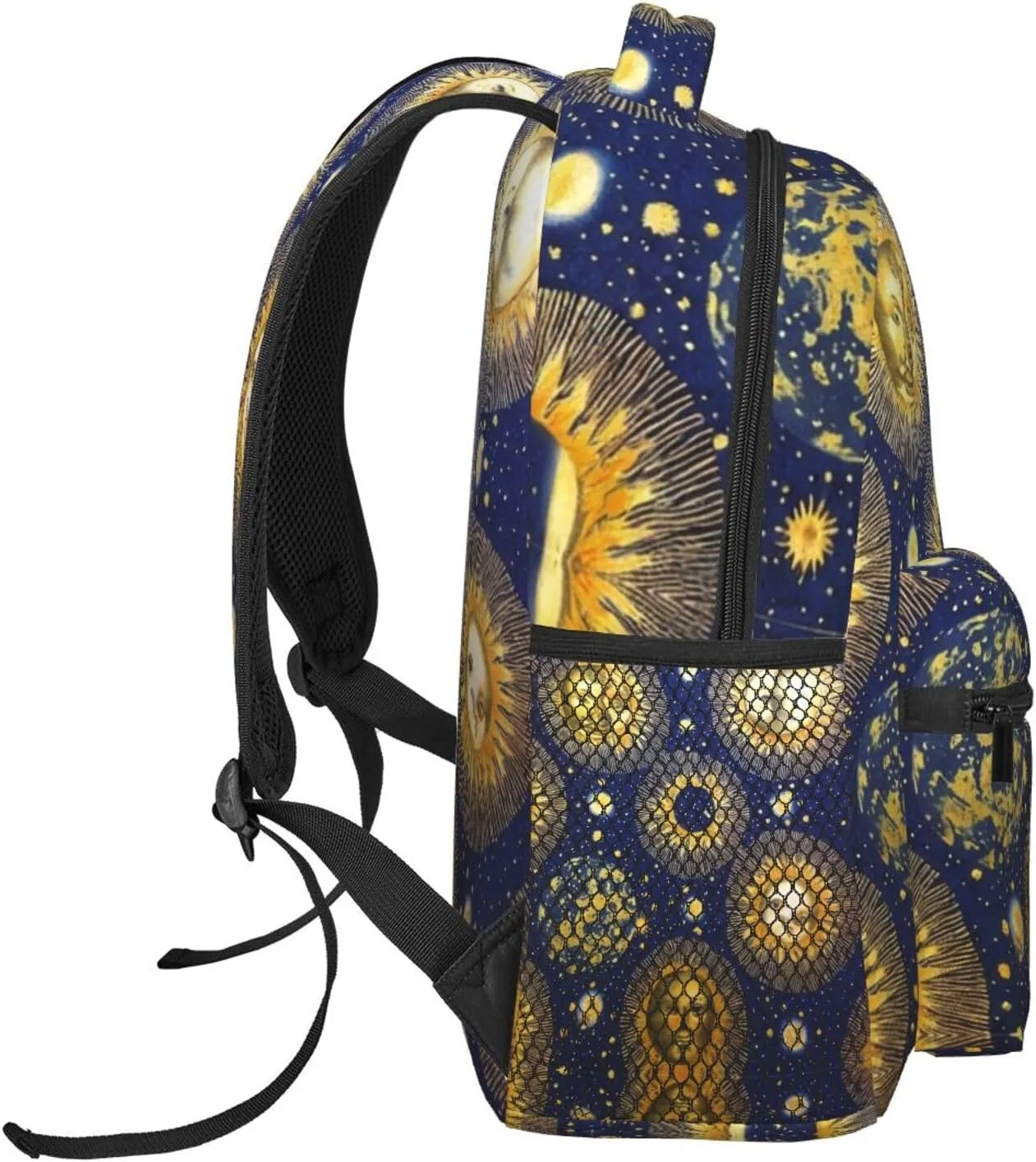 Men Women Polyester Gold Sun And Moon Art Daypack Bookbag Big Capacity Shoulder Bag With Padded Straps for Climbing Travel Walking Cycling