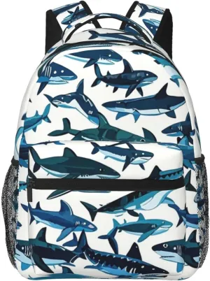 Men Women Polyester Ocean Sea Shark Fish Art Daypack Bookbag Big Capacity Shoulder Bag With Padded Straps for Climbing Travel Walking Cycling