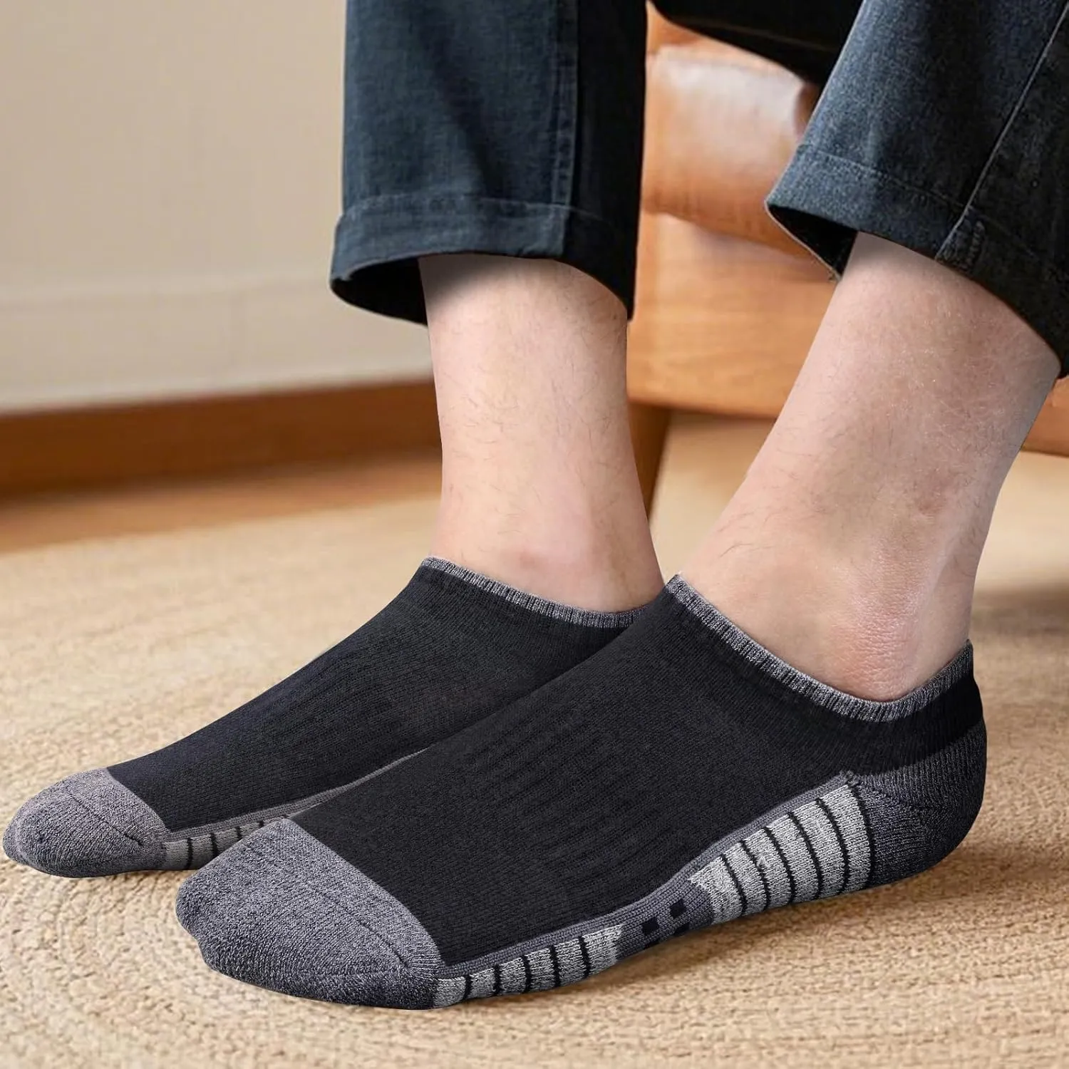Men's Ankle Socks Moisture Wicking Low Cut Athletic Socks Breathable Cotton Cushioned Running Socks For Men, 5 Pairs