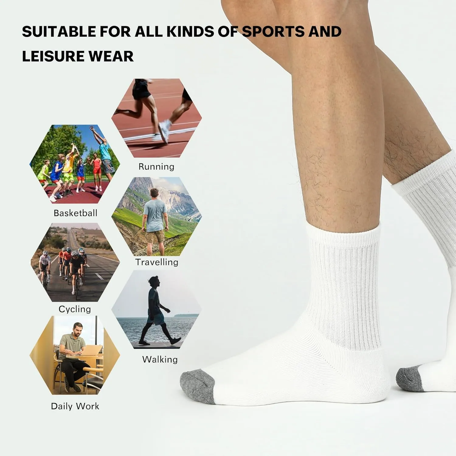 Men's Athletic Socks 6-Pairs Cotton Thick Cushion Running Socks Moisture-Wicking Mid-Crew Socks 6-9/9-12/12-15
