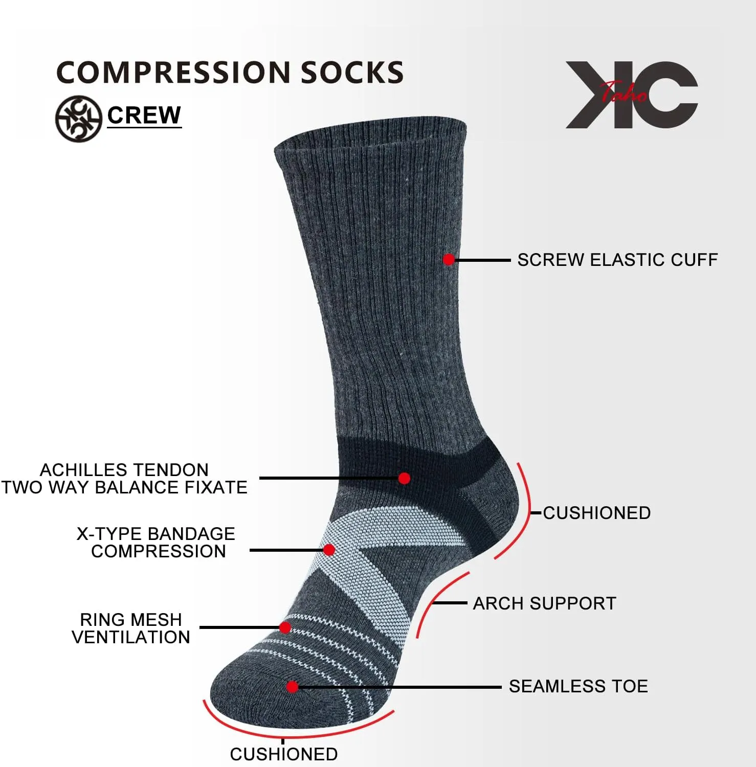 Men's Compression Athletic Cushioned Crew Socks (4 Pairs) Arch Support Hiking Walking Running Socks